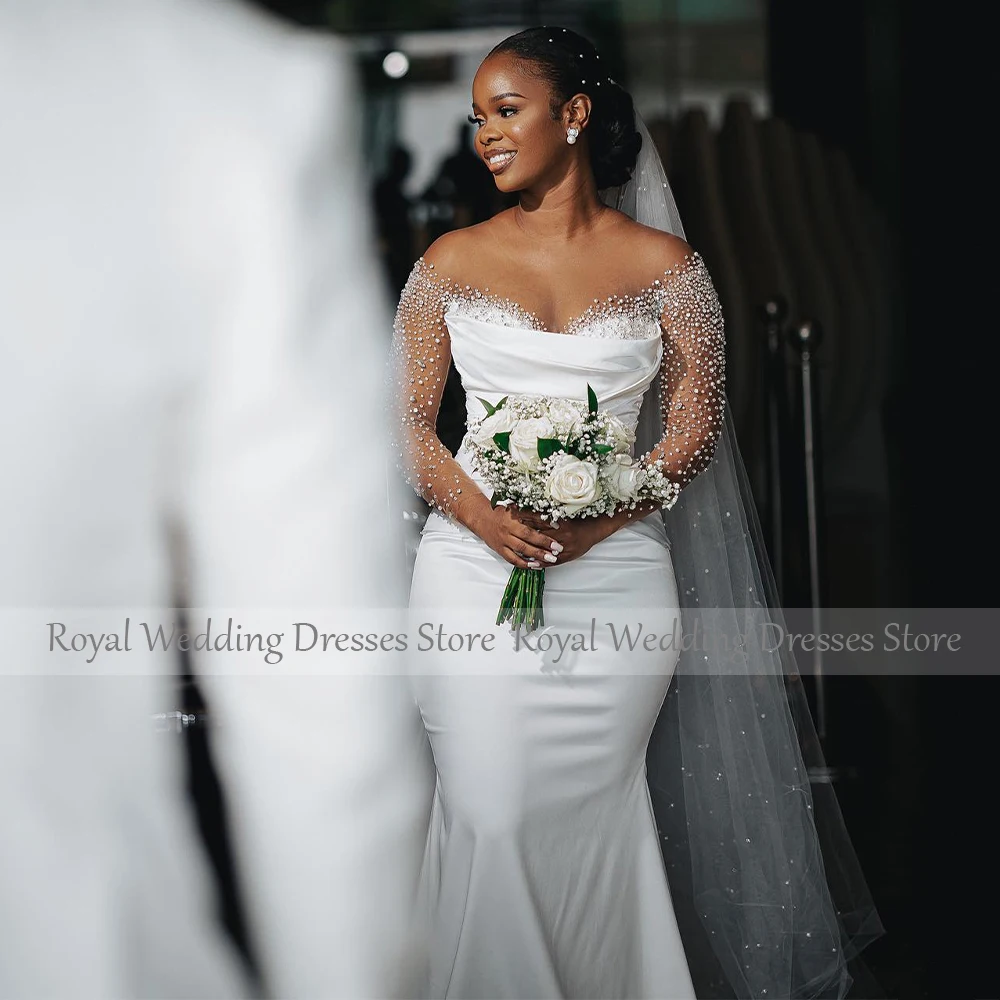 Vestido de novia de lujo con perlas de ilusión de tren desmontable, vestidos de novia de manga larga, vestidos de novia africanos de sirena de satén blanco