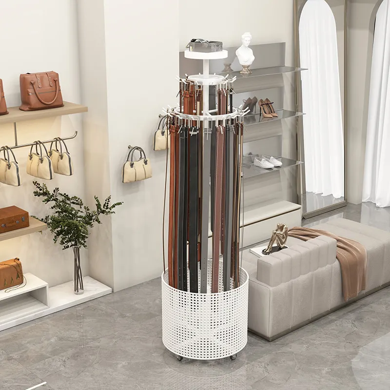 Garment store cylinder double belt storage display rack belt tie shelf floor rotating movable display rack