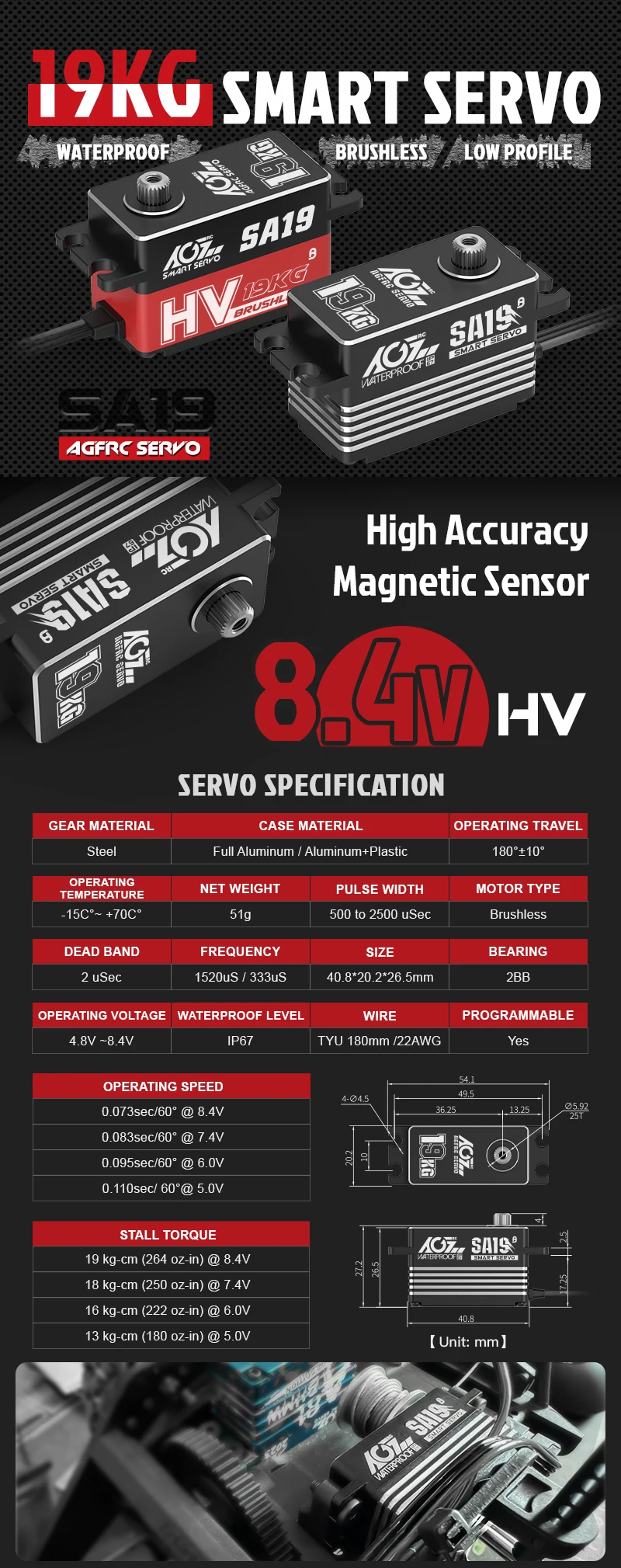 Agfrc sa19 19kg hohes Drehmoment 0,073 Sek. Schnelle Geschwindigkeit 2s programmier bare Bürsten mit niedrigem Profil Smart Servo Winde für RC Autos – Detail 2