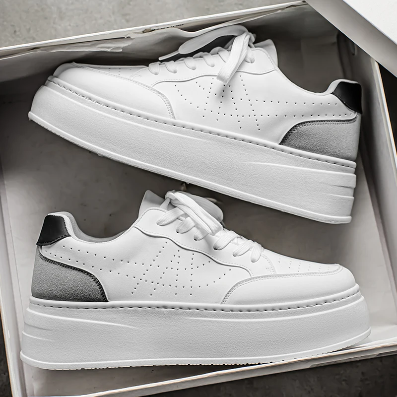 

Sneaker Casual Men Designer White Board Shoes Fashion Microfiber Leather Breathable Height Increased Flat Platform Running Shoes