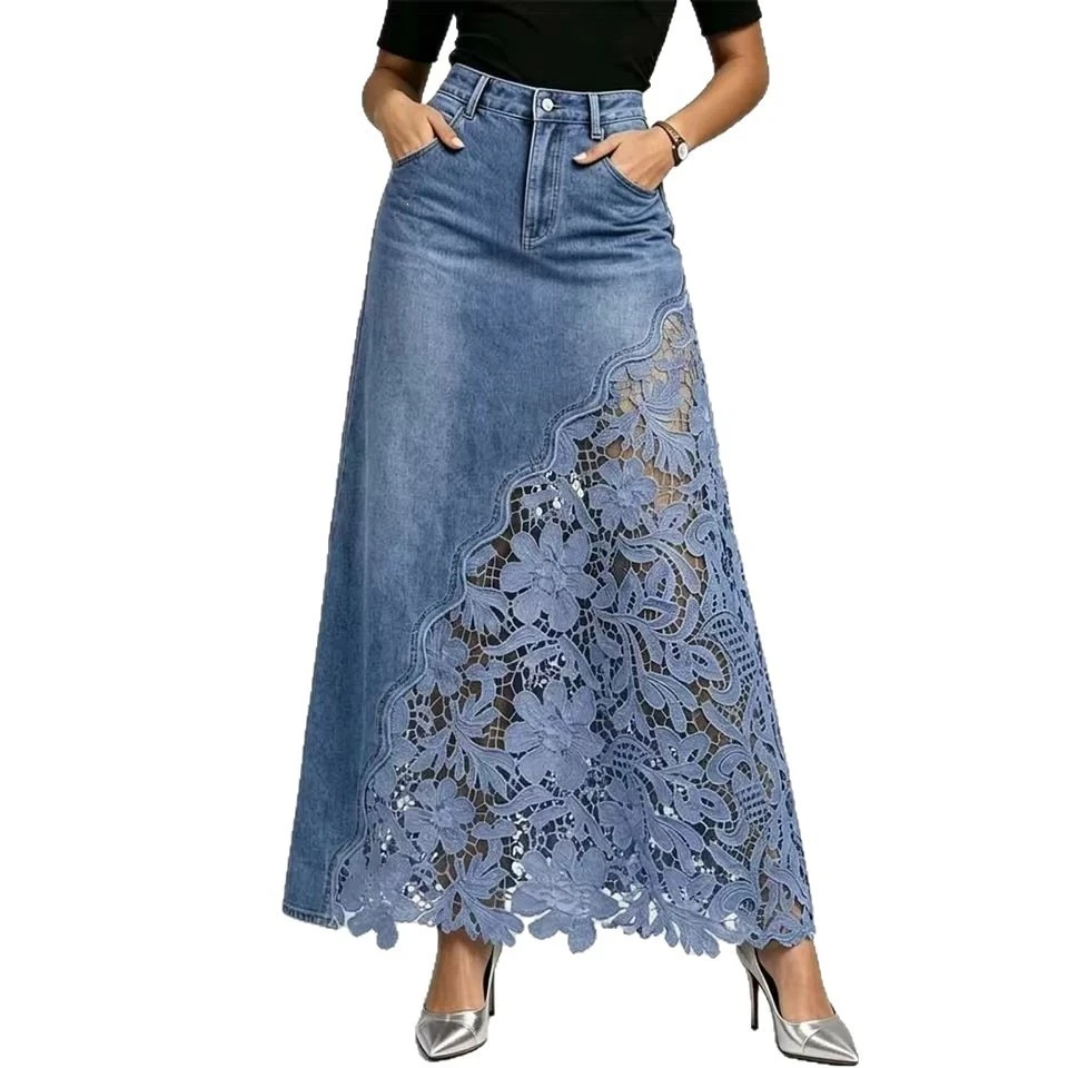 Women Elegant Lace Spliced Denim Skirt High Waist Slim A-line Skirt Washed Denim Wrap Hip Long Skirt All Match Fashion Bottoms - view 5