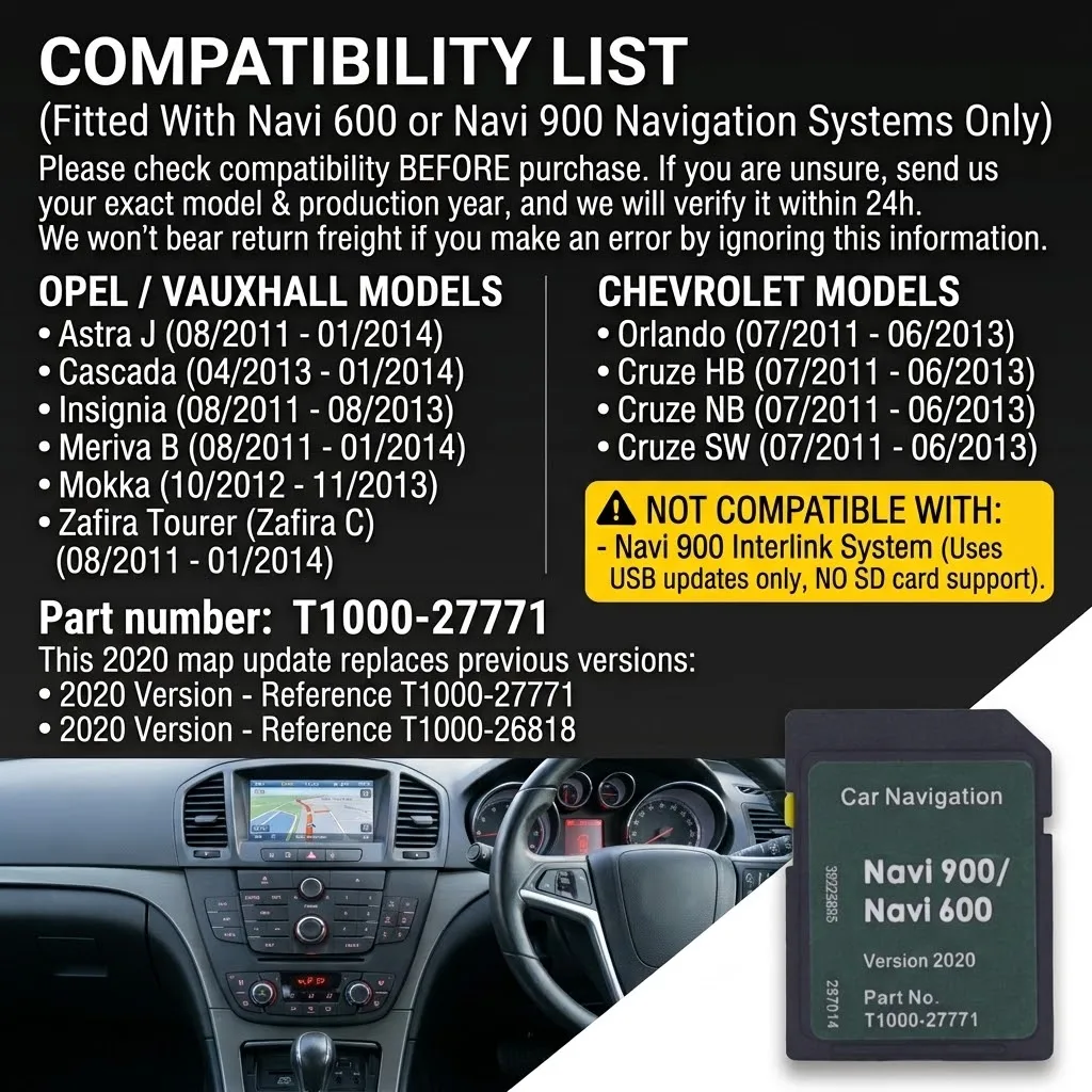 Latest Europe Map Car GPS Navigation SD Card Compatible with Opel Vauxhall Chevrolet Navi 600&900 T1000-27771 Plug&Play