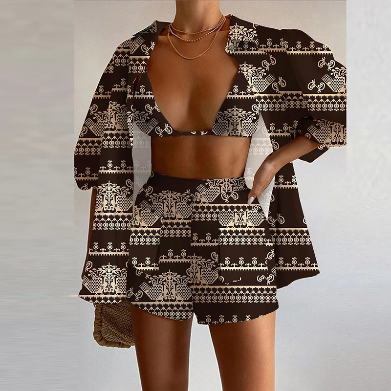 2023 Summer Women Three Piece Set Holiday Beach Style Suit Elegant Lapel Shirt Bra Tops High Waist Shorts Print High Street Set