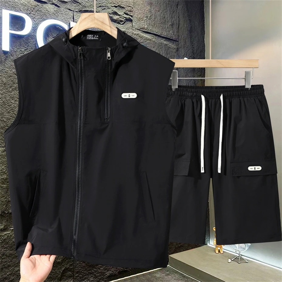 11XL Plus Size Summer Tracksuits Men Summer Zipper Sets Casual Fashion Quick Drying Hooded Vests Shorts Suits Male Big Size