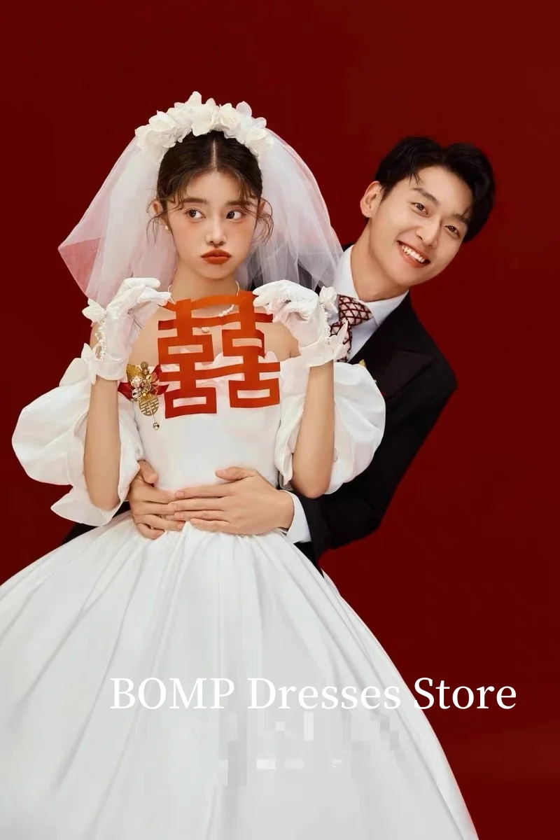 BOMP Vintage cuello cuadrado una línea vestidos de novia sesión de fotos Japón Puff mangas cortas vestidos de novia bata de mariage personalizado 2025