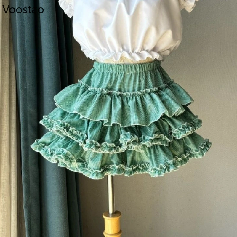 Słodkie spódnice Kawaii Lolita tort japońskie kobiety gotyckie Y2k falbany puszyste spodenki halki dziewczęce na co dzień moda spódnica Culotte