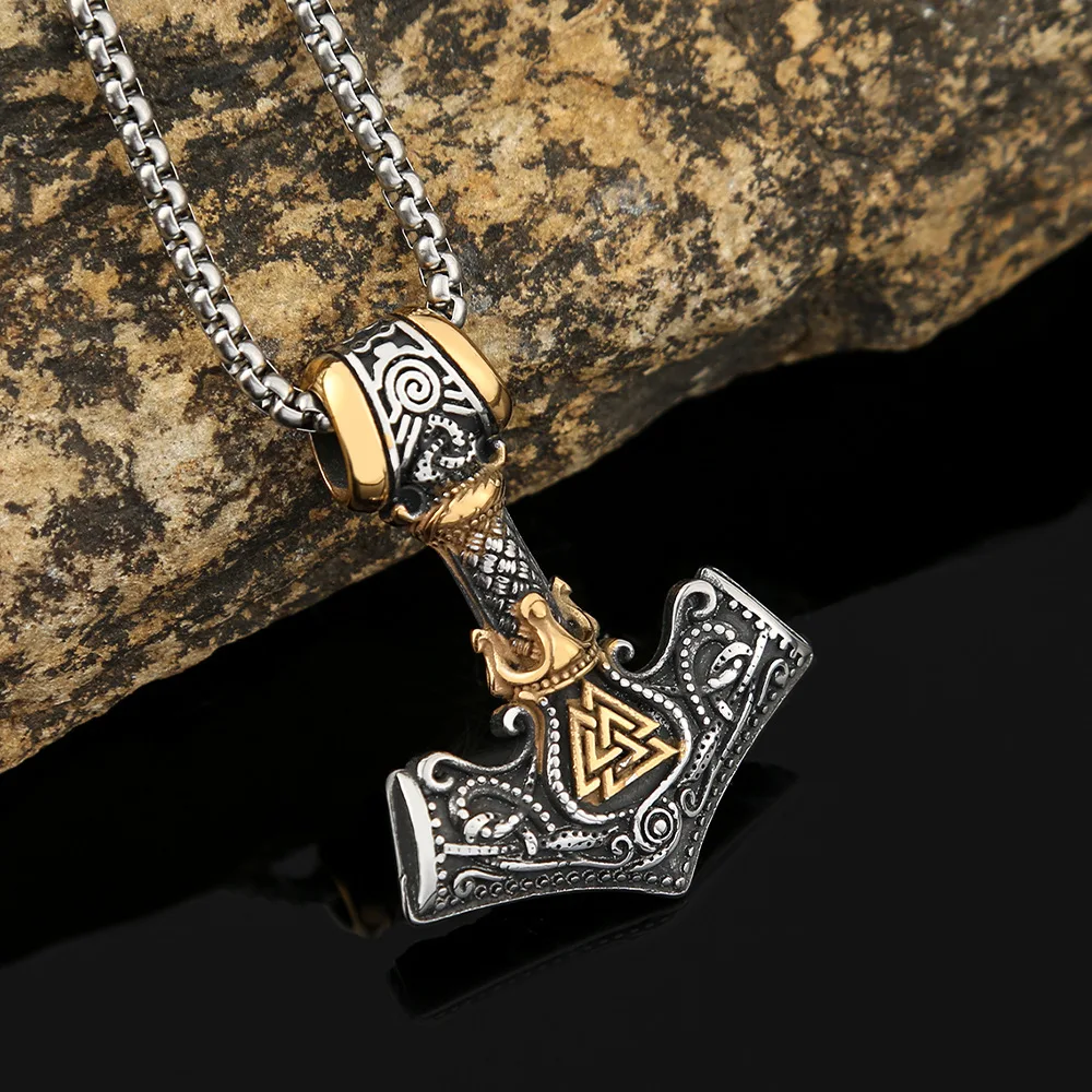 Stainless Steel Retro Medieval Warhammer Pendant Nordic Rune Hammer Necklace Men's Gift Fashion Scandinavian Jewelry Accessories