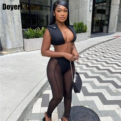 Black Sexy Two Piece Set Women Top and Pants Bodycon Co Ord Sheer Mesh Leggings Party Night Club Outfit Matching Sets Y2k Summer