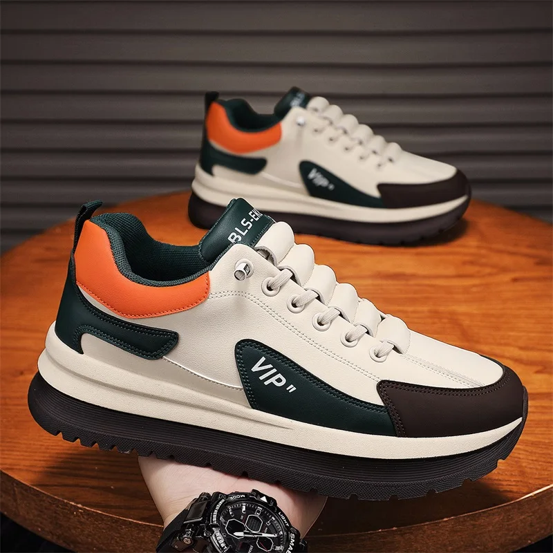 

Male Sneakers Comfortable Tennis Shoes Leather Men Casual Sports Shoes Fashion Thick Soled Wear Resistant Walking Hiking Shoes