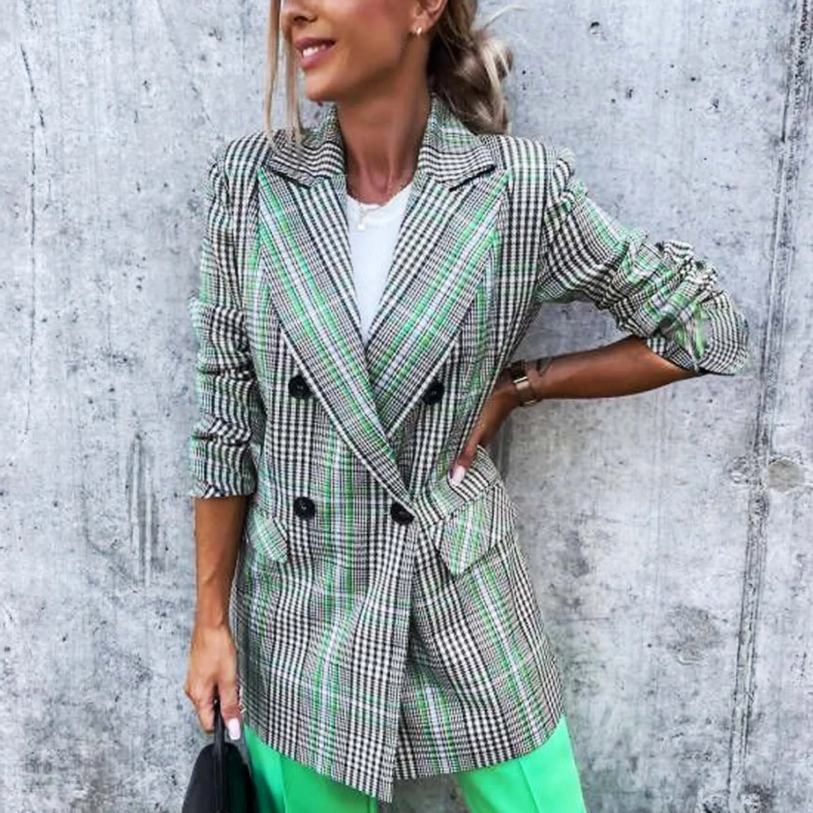 Women Long Sleeve Button Down Collared Jacket Tops With Pockets Blazer Coat Women Double Breasted Striped Blazer Jacket