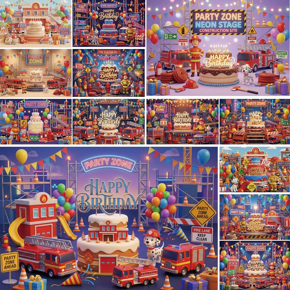 

MOON.QG Fire Station Birthday Backdrop Truck Firefighter Cake Background Child Poster Birthday Shooting Props Photo Studio