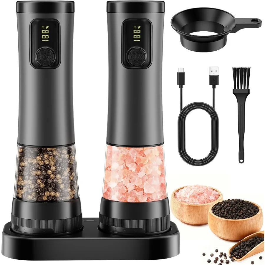 

Rechargeable Salt and Pepper Grinder Set with LED Power Display for Kitchen - Automatic Pepper Mill with Storage Base and Light