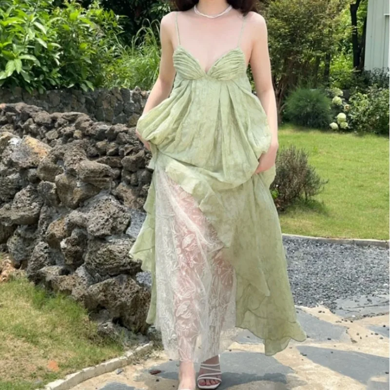 Elegant V-neck Straps Vintage Sleeveless Chic Asymmetrical Ruffles Backless Slim Dresses French Vacation Women Fashion Clothing