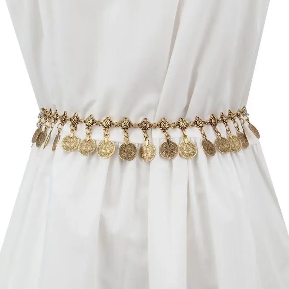 سلسلة بطن معدنية كلاسيكية على الطراز العرقي، تصميم شرابات ذهبية/فضية، حزام خصر يهز العملات المعدنية، سلسلة خصر للنساء