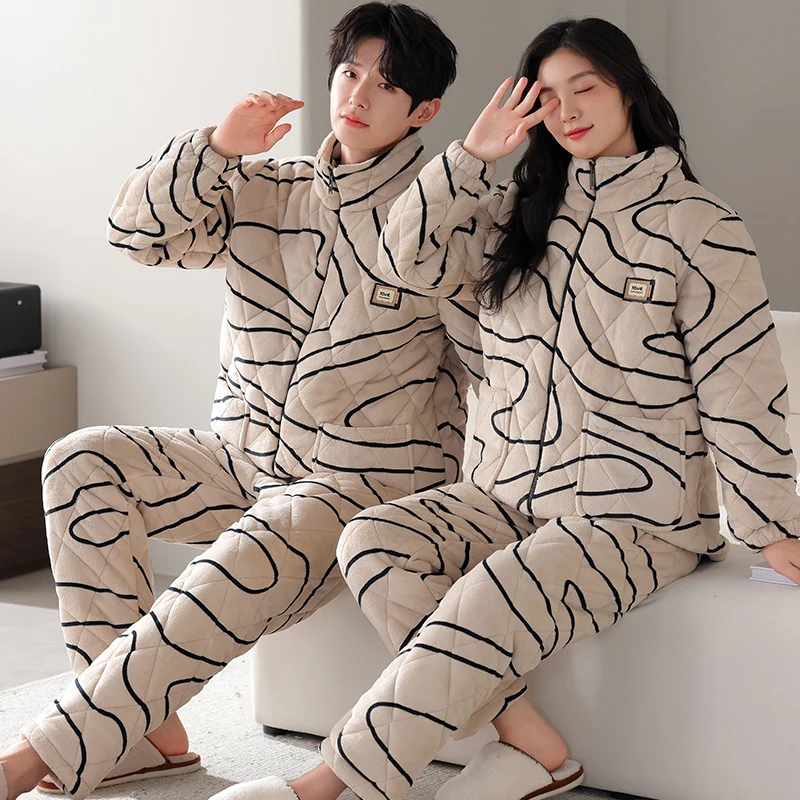 High Quality Couple Pajamas Set Winter 3 Layer Clip Cotton Pyjamas Lovers Thick Warm Hooded Home Clothing