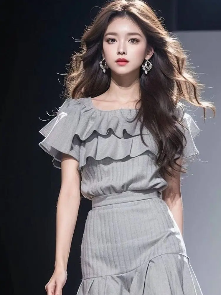 Korea Sweet Patchwork Pullovers Fashion Chic Square Collars Short Sleeves Female Knitted Top Skirt Suit 2024 New