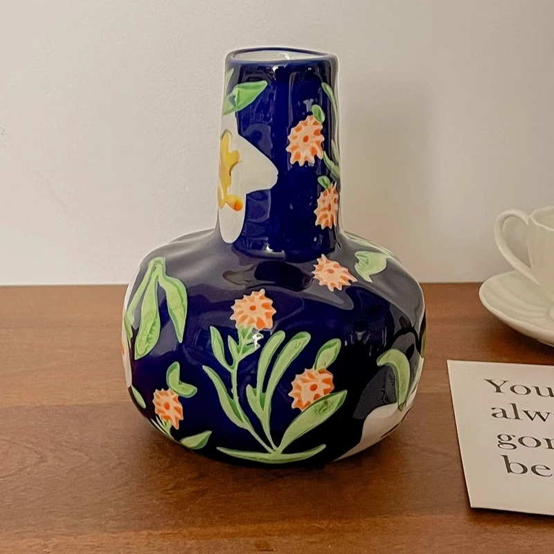 1Pc Sapphire Blue Retro Hand-Painted Ceramic Vase, Flower Pattern Decorative Vase