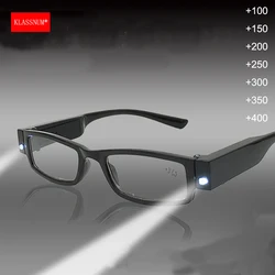 KLASSNUM Magnifying Glasses Men Reading Glasses with Led Light Women Magnifier Light Up Night Presbyopic Glasses Diopter +1- +4