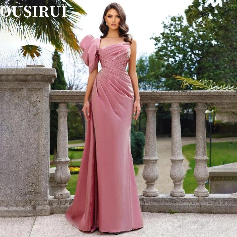 

OUSIRUI Luxury Floor Length Pleats Satin Prom Dress High Side Slit Mermaid Evening Dresses One Shoulder Pageant Party Gowns