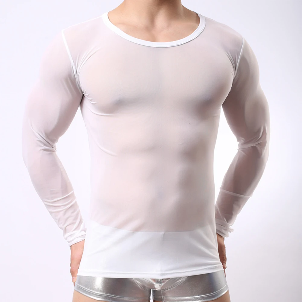 Men Mesh See Through T-Shirt Muscle Tank Top Long Sleeve Transparent Tops Tee Clubwear Party Sensual Male Nightwear Uniform