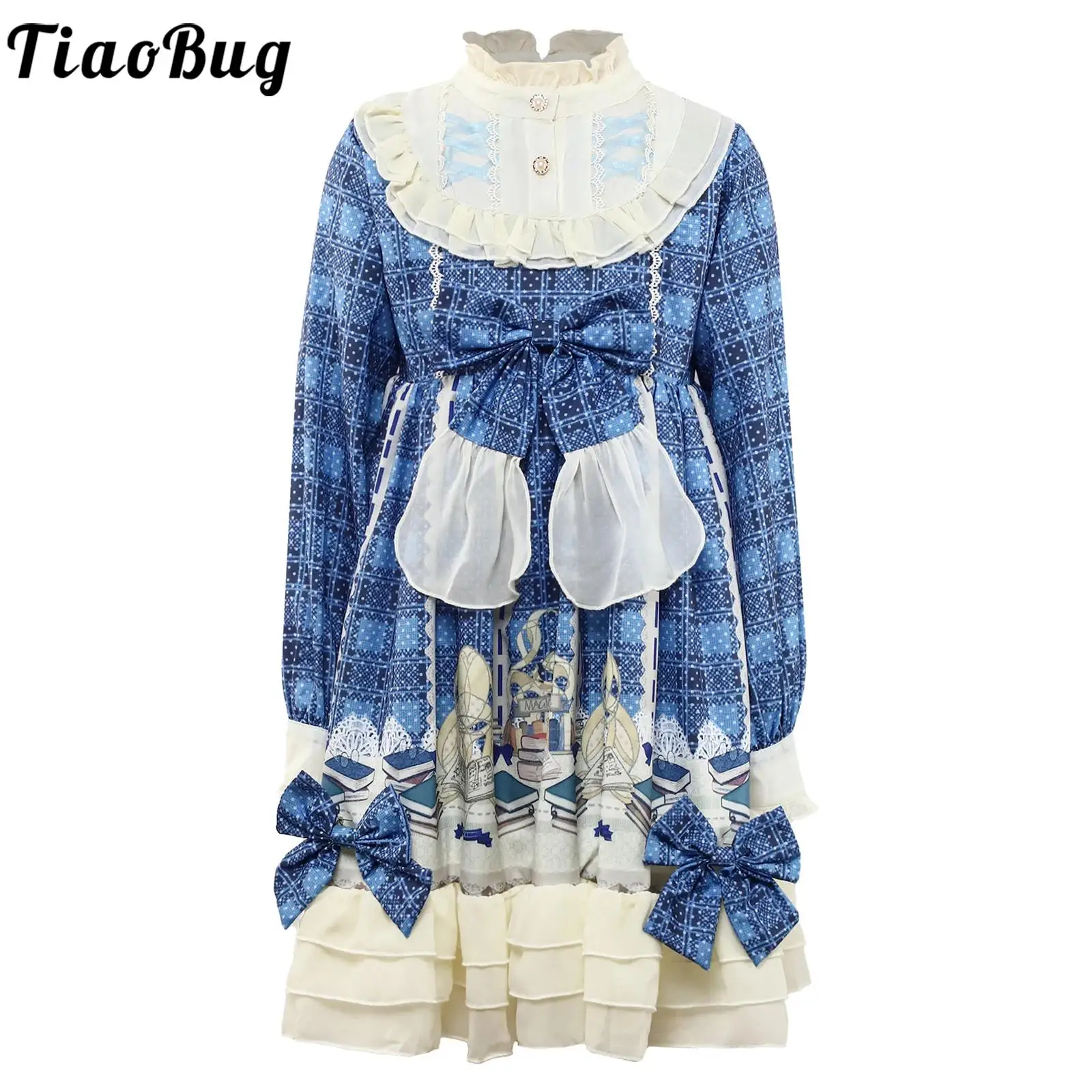 Teen Girls Japanese Style Lolita Kawaii Princess Dress Plaid Long Sleeve Bow Ruffled Gothic Dresses Themed Party Cosplay Costume