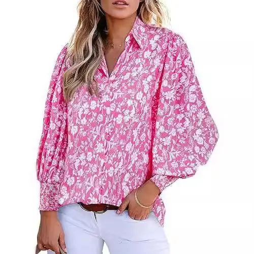 

Women's Long Printed Shirt with Lapel Casual Style Lantern Sleeve Casual Fashion Women's Clothing Winter Collection 2016