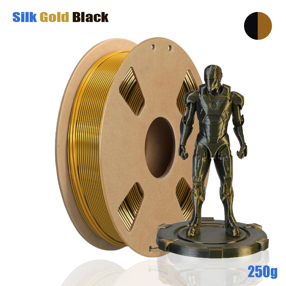 

Silk PLA Filament 1.75mm, Black Gold Dual Color, 2-in-1 Coextrusion, ±0.03mm Accuracy, 200g/250g/500g/1000g Spool