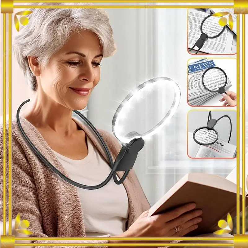 DN-Magnifying Glass With Light For Reading, 5.1 Inch 6X Magnifying Glass With Stand, Neck-Worn Large Magnifier