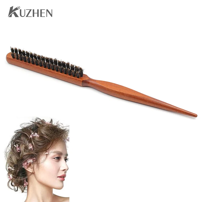 1Pcs Natural Boar Bristle Hair Brush Slim Line Comb Wood Handle Professional Salon Hairbrush Hairdressing Barber Tool