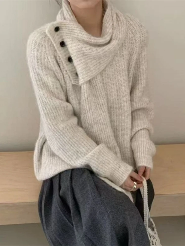 Koreaanse Fashion Design Sjaal Kraag Trui Dames Herfst Winter Nieuwe Gebreide Trui Jas Dames Losse Luie Stijl Zacht Wasachtig