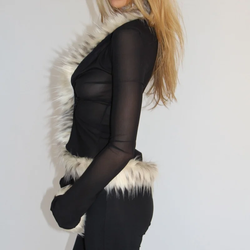 

Женские лоскутные топы из искусственного меха с v-образным вырезом и длинными рукавами, прозрачная сетчатая футболка на пуговицах, рубашки на зиму и осень, уличная одежда Y2K