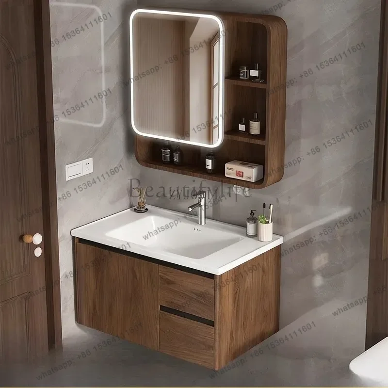 Medieval walnut color honeycomb aluminum ceramic integrated basin bathroom cabinet combination drawer