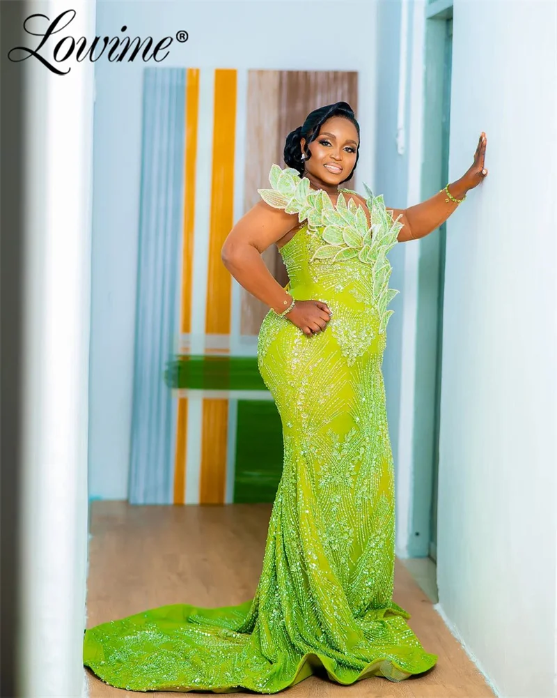 Aso Ebi Green Mermaid Prom Dresses Beaded 3D Leaf Plus Size Evening Formal Party Second Engagement Birthday Gowns Customized