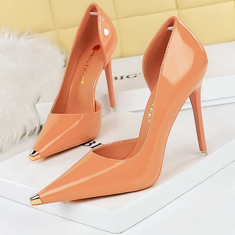 BIGTREE Shoes Black Patent Leather High Heels Metal Pointed Women Pumps Sexy Party Shoes Stilettos Women 7 Cm 10.5cm Heels