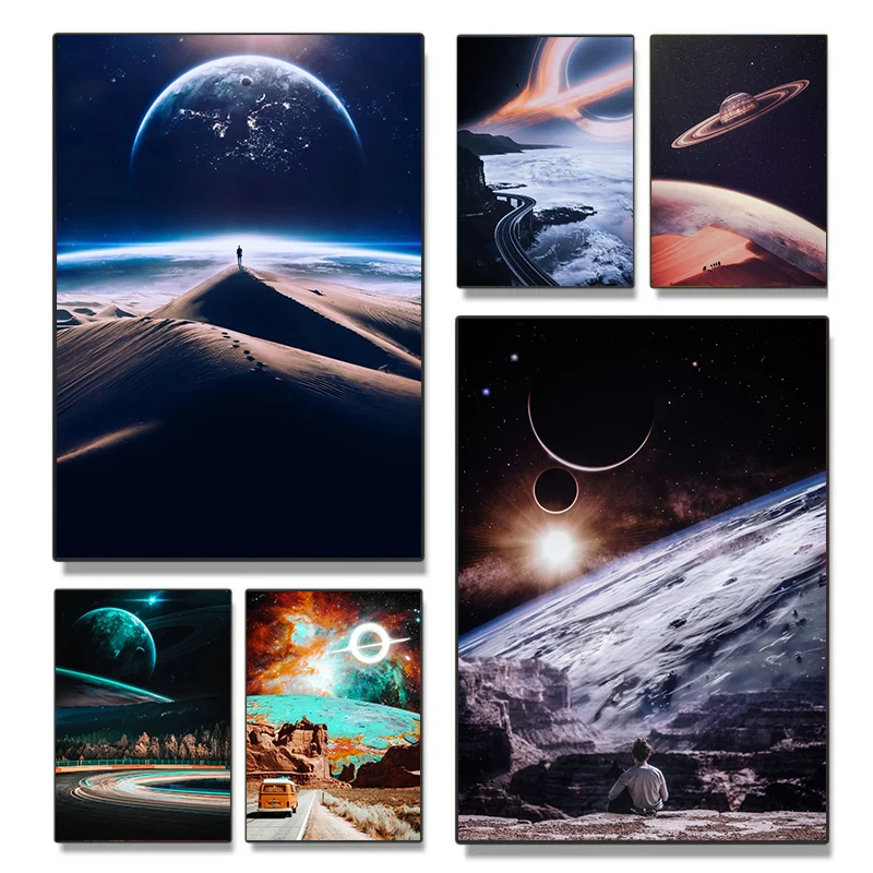 Universe Planet Galaxy Surrealism Future Life Holiday Space Beach Dune Poster Canvas Painting Wall Art Pictures Home Decor