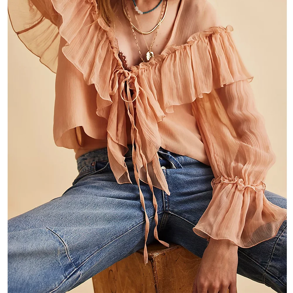 

Women Elegant Flowy Bow Front Tie Top Long Sleeve Peplum Lace Trim Chiffon Shirt See Through V Neck Boho Ruffles Beach Blouses