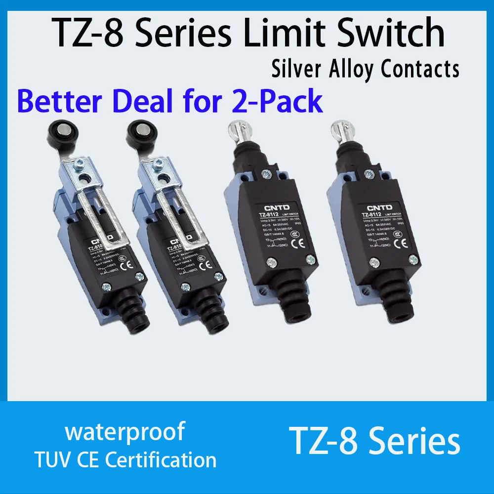 2Pcs CNTD TZ‑8 Series Micro Limit Travel Switch IP65 Waterproof 1NO+1NC 10A 250VAC Industrial Mechanical Position Switch