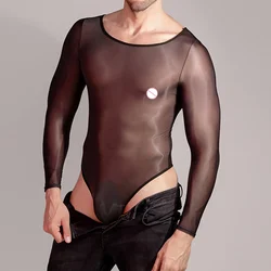 Mens Sexy Oil Glossy See Through Bodysuit Erotic Lingerie High Stretchy Thong Leotard Long Sleeve Jumpsuit Seductive Wear