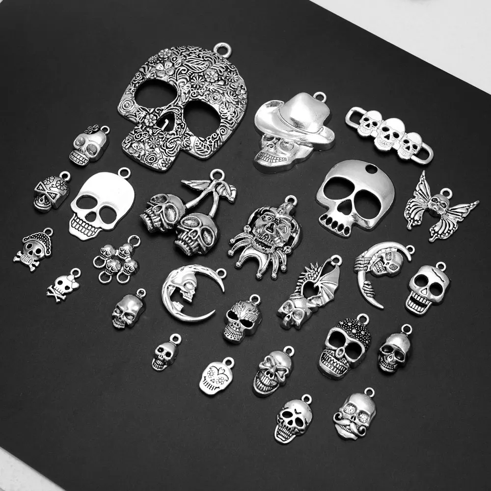 1/5/10/20pcs/Lot Vintage Halloween Charms Cute Skull Skeleton Head Moon Pendant For DIY Necklace Earring Jewelry Making Supplies