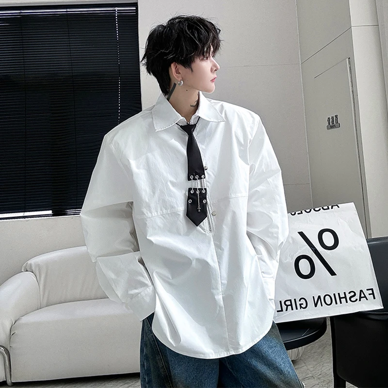 Men Pin Tie Streetwear Fashion Show Loose Casual Long Sleeve Black White Shirts Women Oversize Blouses Stage Clothing Costume