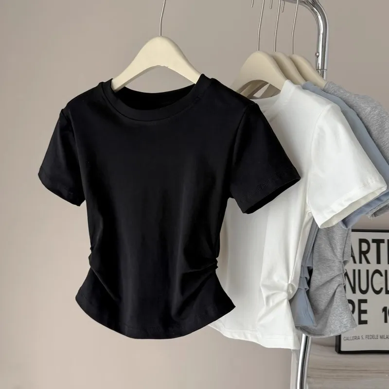 Women's Slim Fit ort Sve T-irt Summer New Sle Korean Version Pure Desire Waist Cinched Pleated Top GIMA Commute Sle