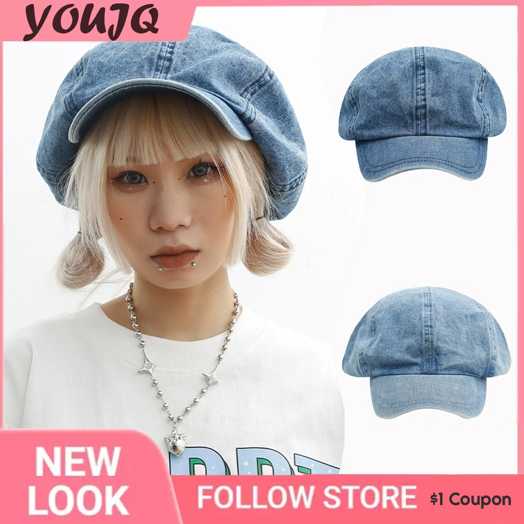 

Y2K Big Size Women Girl Berets Hat Gothic Punk Denim Beret Hats Ladies Street Cool Hip Hop Rock Beret Caps Gorra