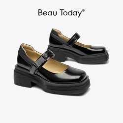 BeauToday Mary Janes Women Genuine Cow Leather Square Toe Metal Buckle Strap Spring Ladies Chunky Sole Shoes Handmade 15222