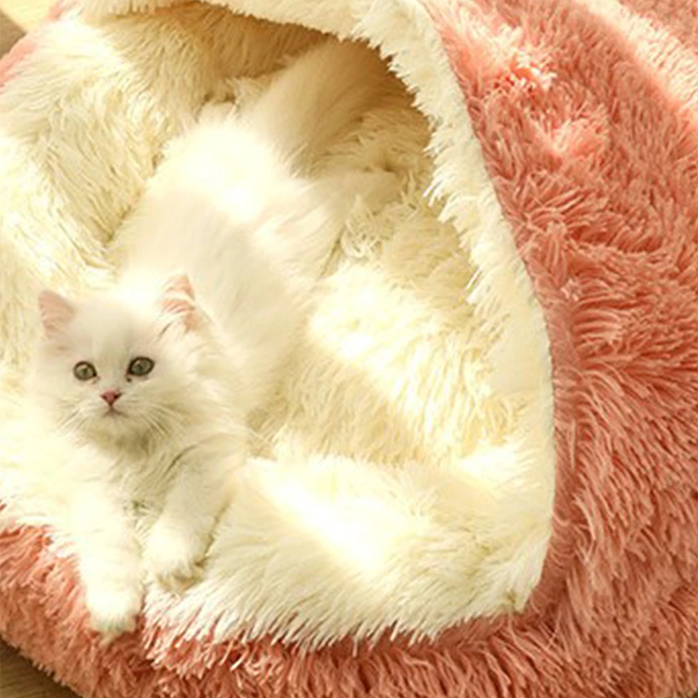 Long Plush Pet Cat Bed Round Cat Cushion Kitten Basket Nest Kennel For Small Dog Cat Supplies House Cats Goods Products Cushions