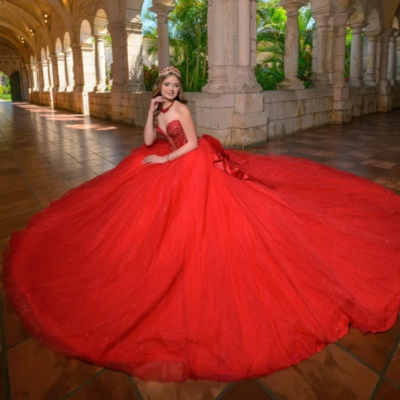 

Красное блестящее платье принцессы с открытыми плечами Sweet 16, платья Quinceanera, тюлевые платья с бусинами и бантом для вечеринки, дня рождения, Vestidos 15 De Anos
