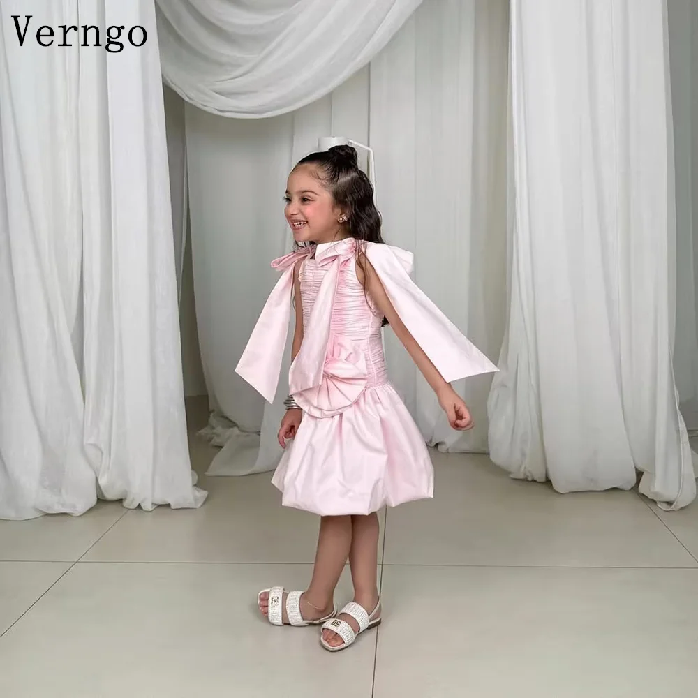 Verngo Pink Crepe Girl Flower Dress Bow O Neck Sleevelss A Line Lace Up Birthday Party Dress Celebrity Kid Dress Eid Customized