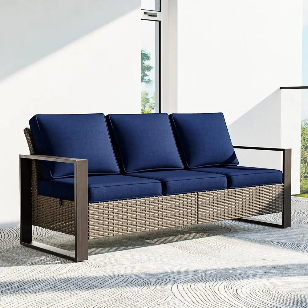 

3-Seat Wicker Couch with Cushions, High Back Outdoor Sofa Set, Blue Rattan Patio Furniture