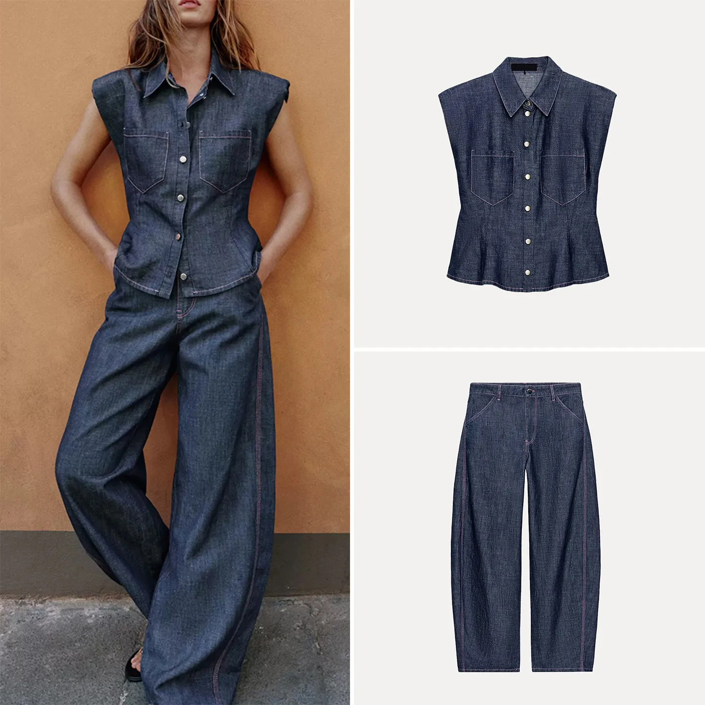 Women's Casual High Waist Shirt without Sleeves Padded Shoulder Waist Inward Buckle High Waist Leisure Bucket Pants