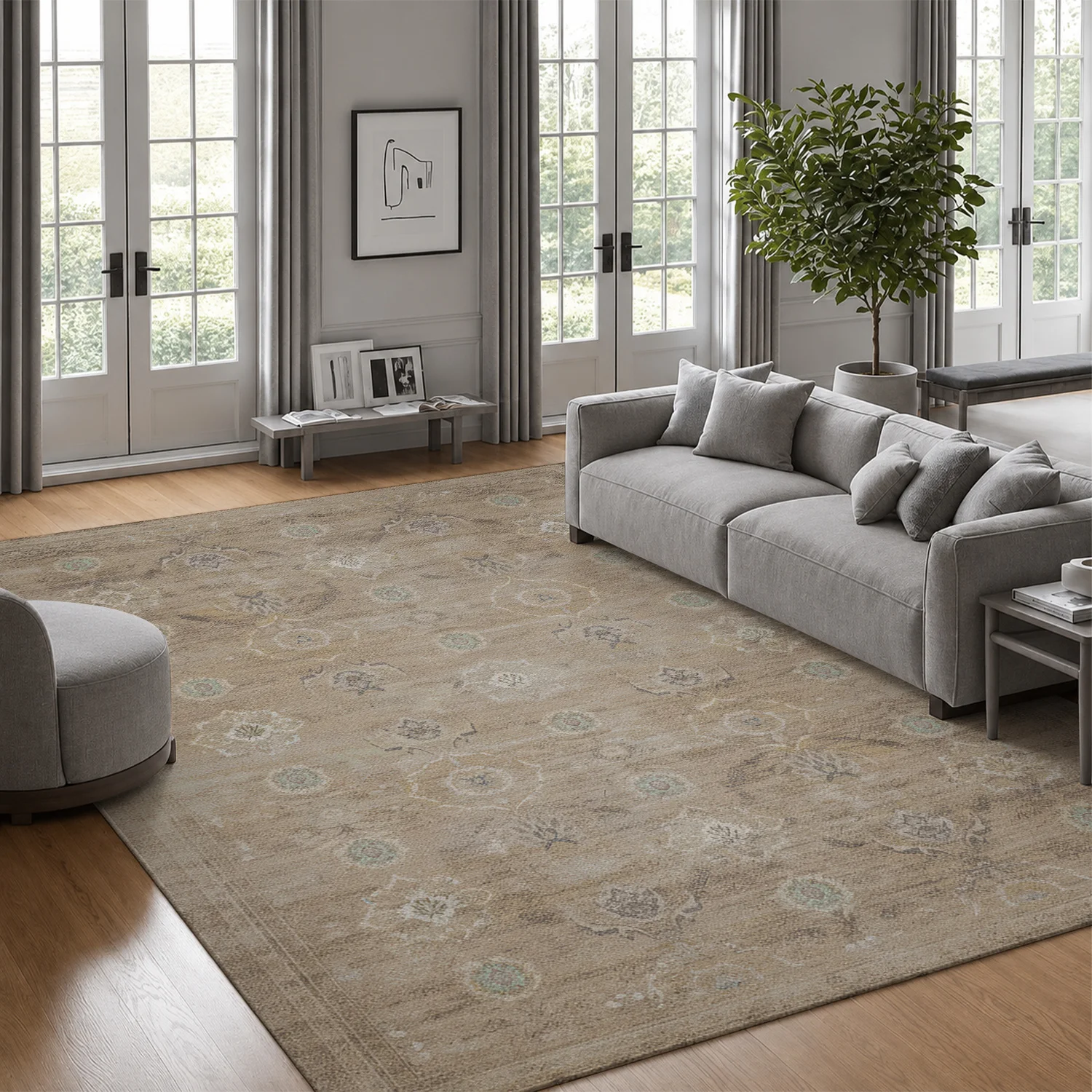 Large Indoor Area Rug, Soft Velvet Low Pile with Non-slip Dotted Backing, Machine Washable Vintage Distressed Neutral Ornate Floral Design, Great for Living Room, Bedroom, Entryway