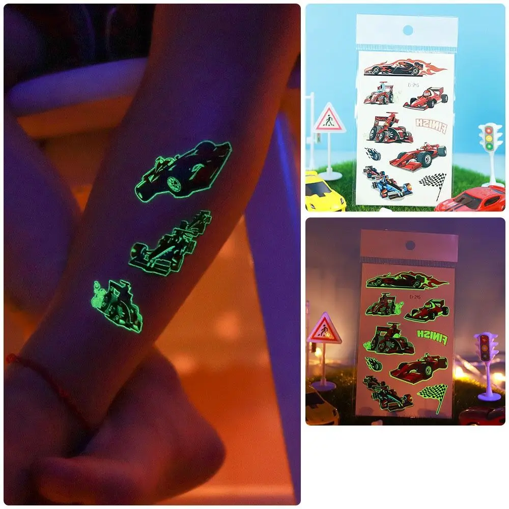 Autocollants de tatouage Shoous phosphorescents, imperméables, cool, moto de course, paillettes, 4 feuilles